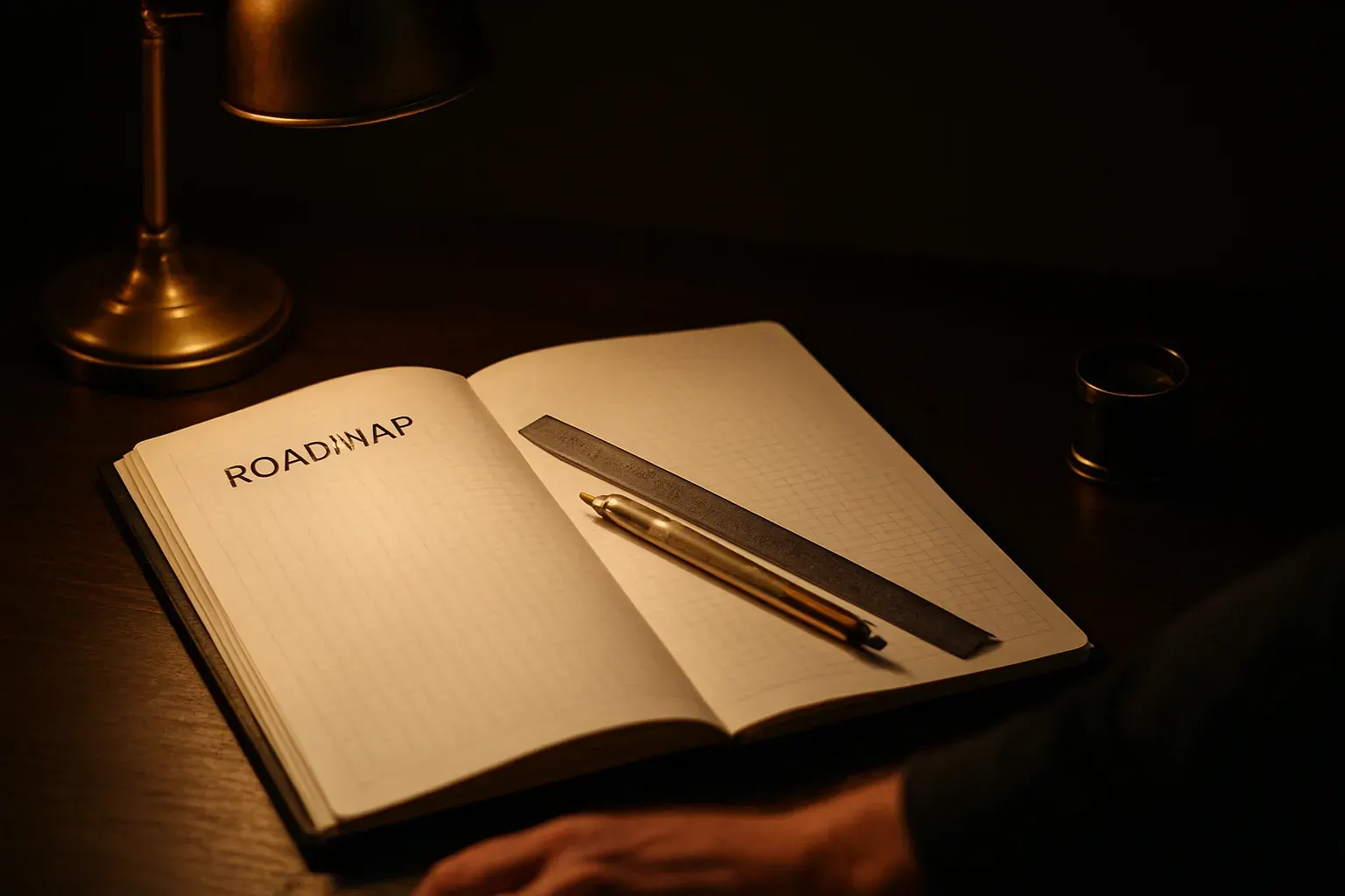 A senior consultant's desk at theseoatelier, marked-up site structure and a ruled notebook under warm workshop light.